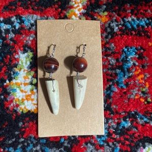 Real Natural Stone Red Tigers Eye Deer Antler Earrings